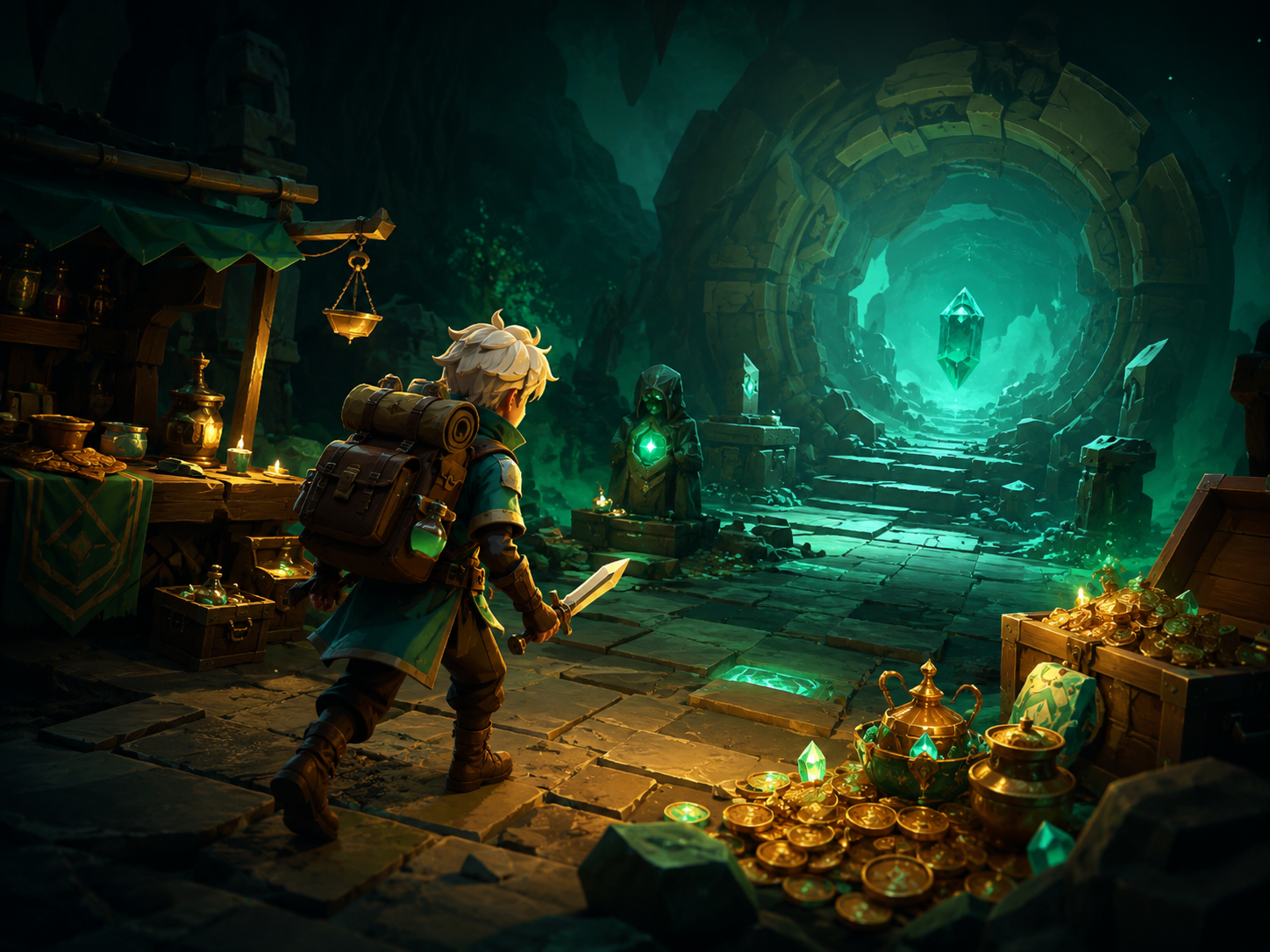 Moonlighter 2 dungeon adventure with treasure and glowing relics
